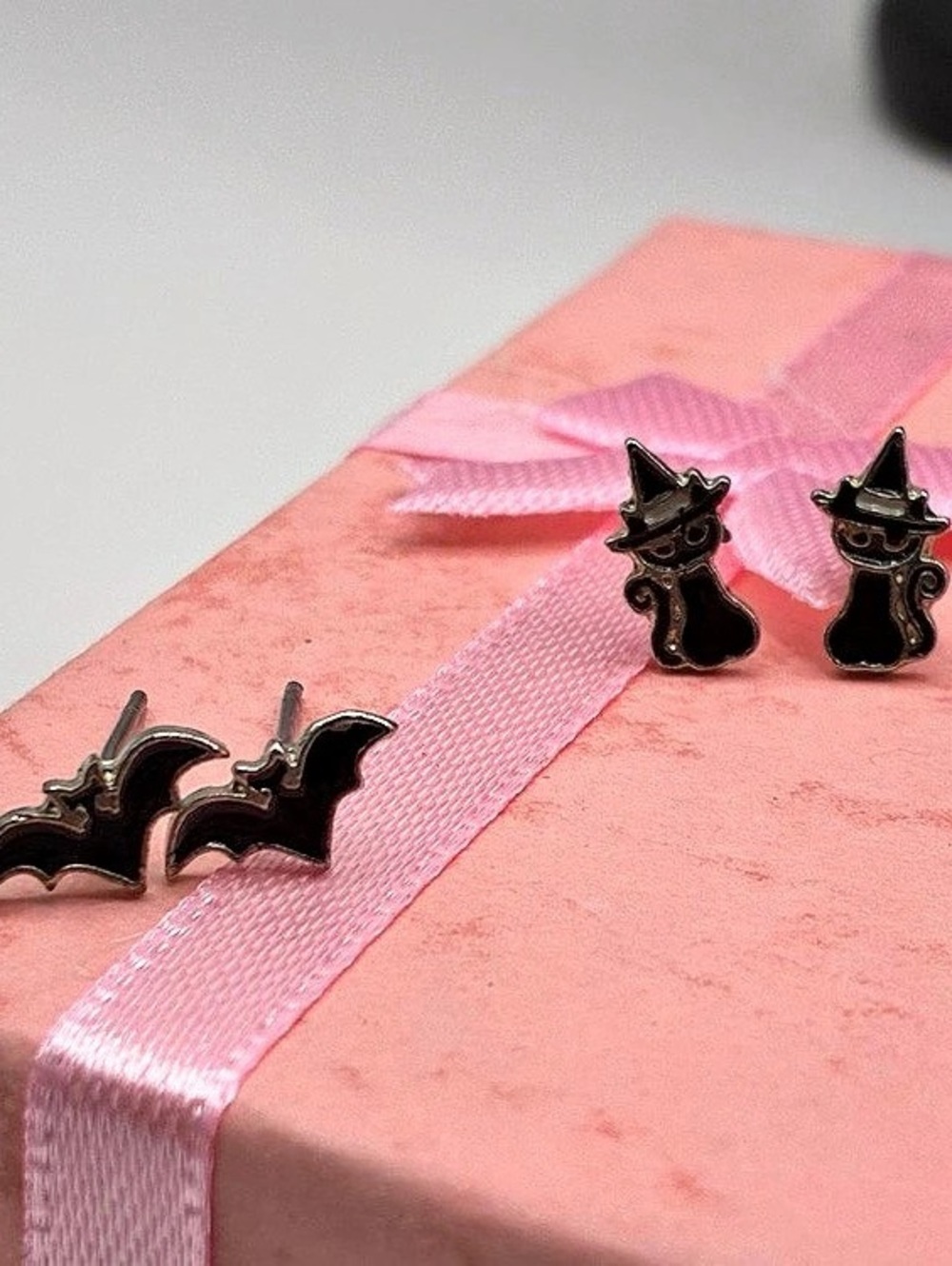 Cute Spooky Halloween Witchy Black Cat & Bat Stud Earrings - Black & Silver